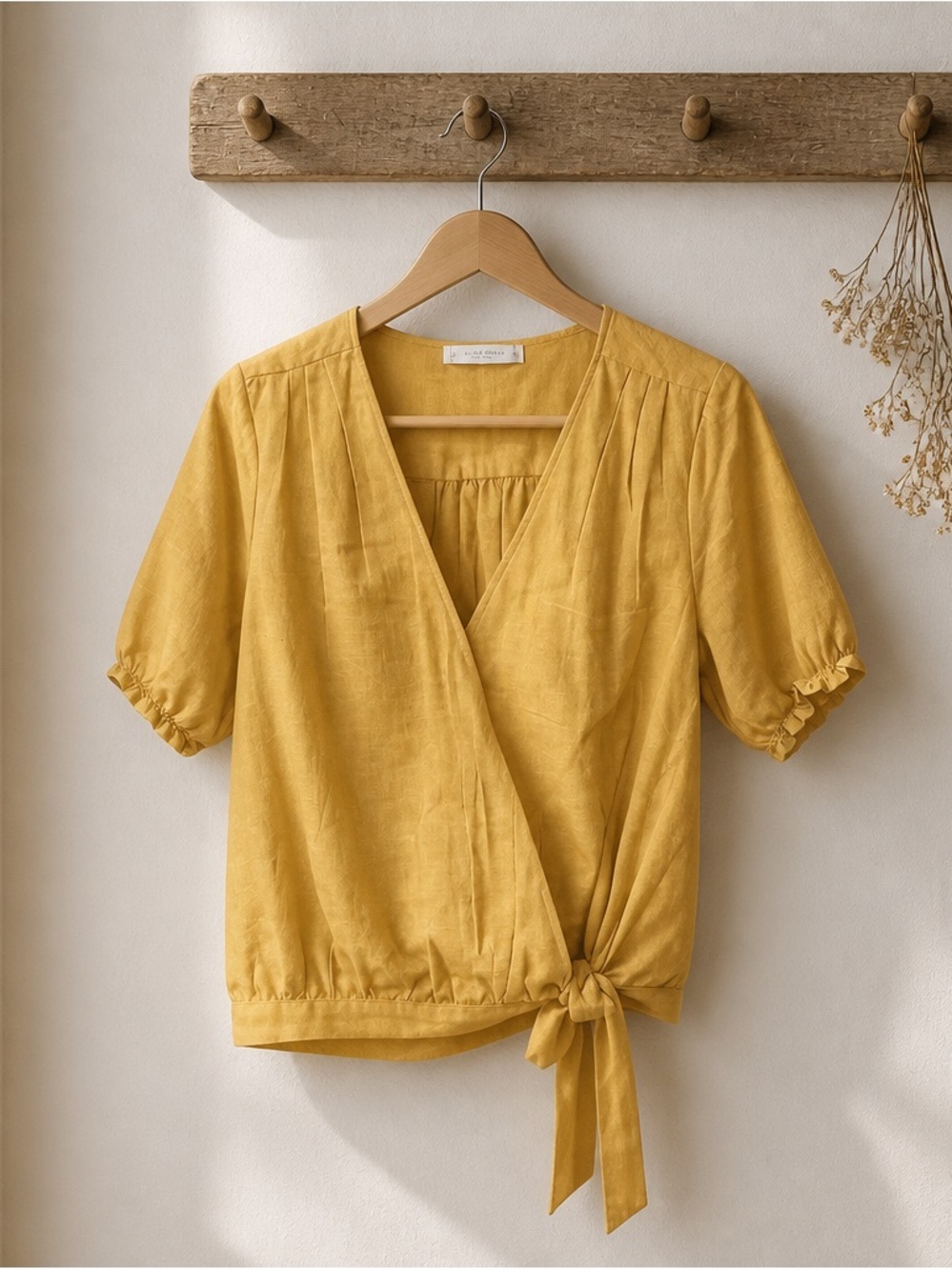 Lucky Brand Top Shirt Women Mustard Yellow Wrap Front Tie Short Sleeve Size M